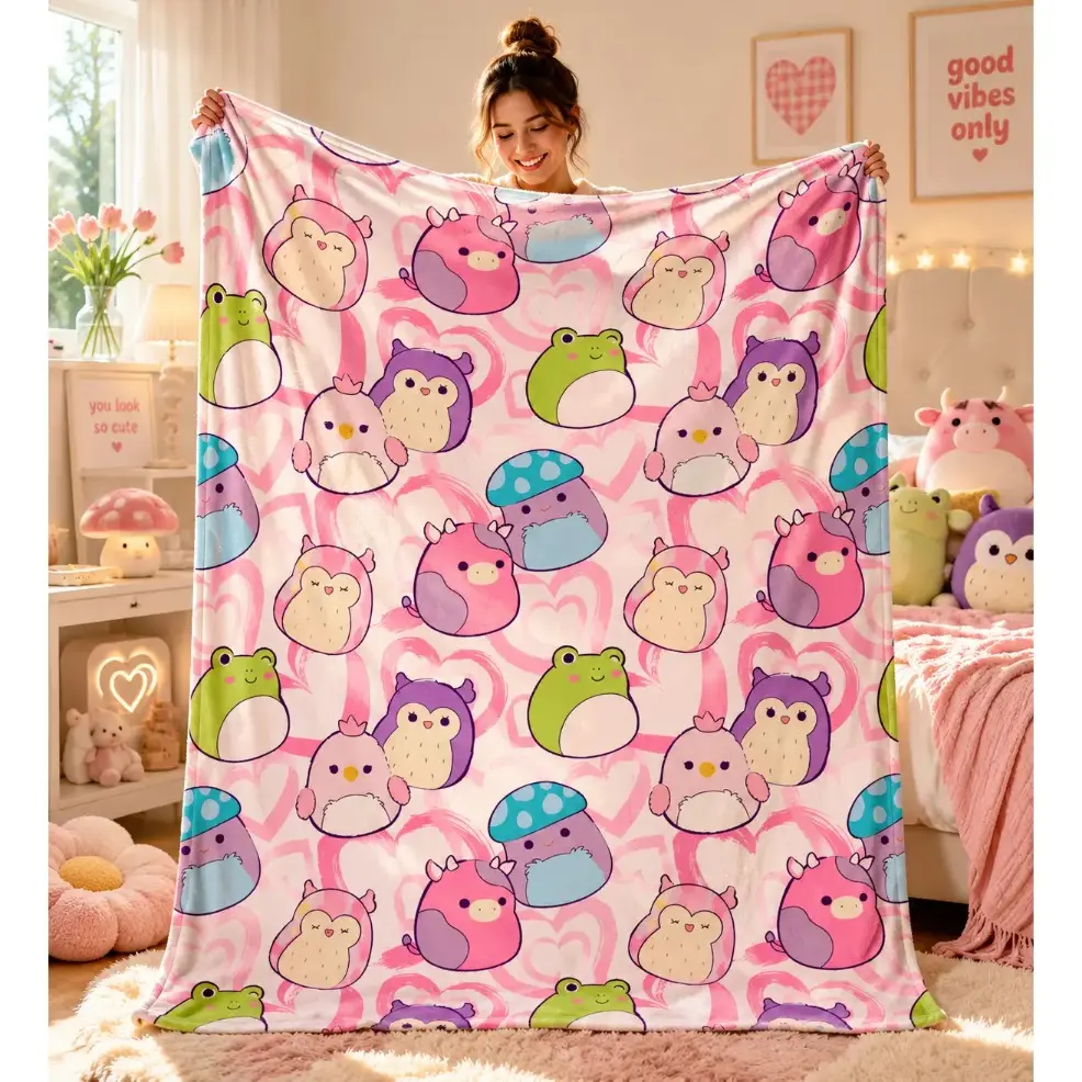 NEW Squishmallows Snuggle Throw, Assorted Designs Soft Sofa Decor Bedroom Warm Cozy Printed Flannel Comfortable Blanket, Baby Blankets and Adult Blankets, Cute Pig Love Pattern Cooling Novelty Blanket for Home Office Travel birthday gift
