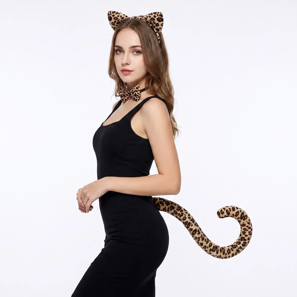 Three-Piece Leopard Print Ears and Tail Costume Set, Includes Ear Headband, Bow Tie, Tail, Perfect for Halloween, Cosplay, Animal Theme Parties