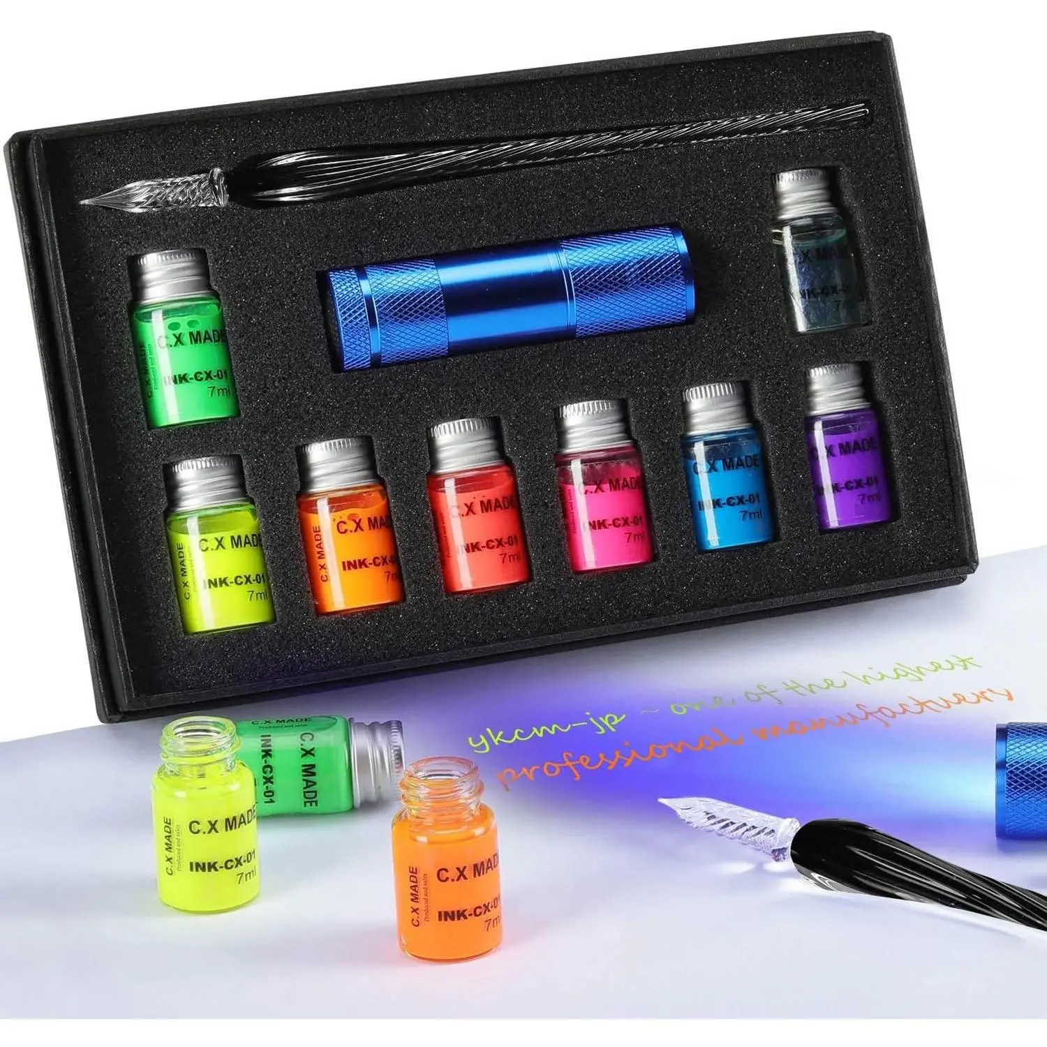 Glass Dipped Pen Calligraphy Set - 7 Colorful Inks with Fluorescent & Invisible Ink Dip Pen Kit for Writing Signing Drawing Calligraphy Decoration Christmas day gifts