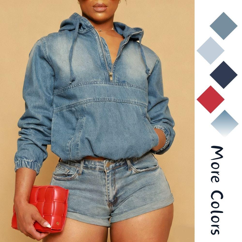 2026Women'S Half Zip Denim Hoodie Pullover Jacket Jean Tops..