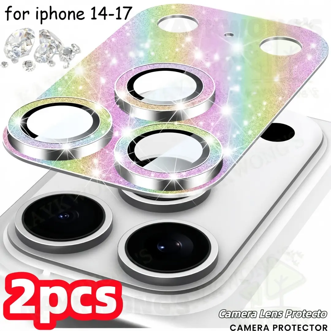 KAYKWONG'S 2-Pack Flashy Colorful Diamond Camera Lens Protector, 9h Tempered Glass with Metal Ring, Full Coverage Anti-Scratch, for iPhone 14 15 16 17 Promax Pro 16 Plus 17 Air