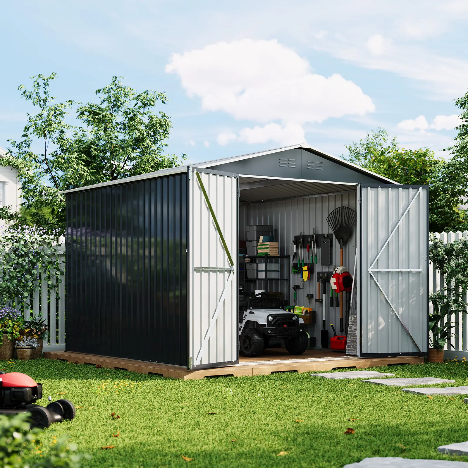 Spacious & Secure Metal Outdoor Storage Outdoor Storage 8x8 FT – Steel Utility Tool House with Lockable Door, Air Vents, Sloped Roof – Waterproof Garden, Patio & Backyard Equipment Storage – Gray