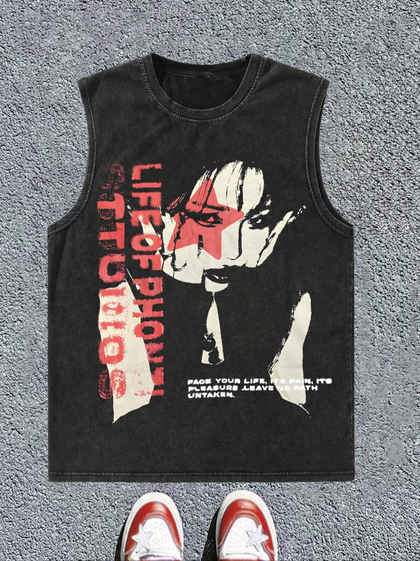 Men's Cartoon Print Tank Top, Regular Fit Casual Fashion Sleeveless Vest Top for Summer, Men's Clothes for Daily Wear, Clothing, Cotton Summer Tank Tops, Breathable Tank Tops