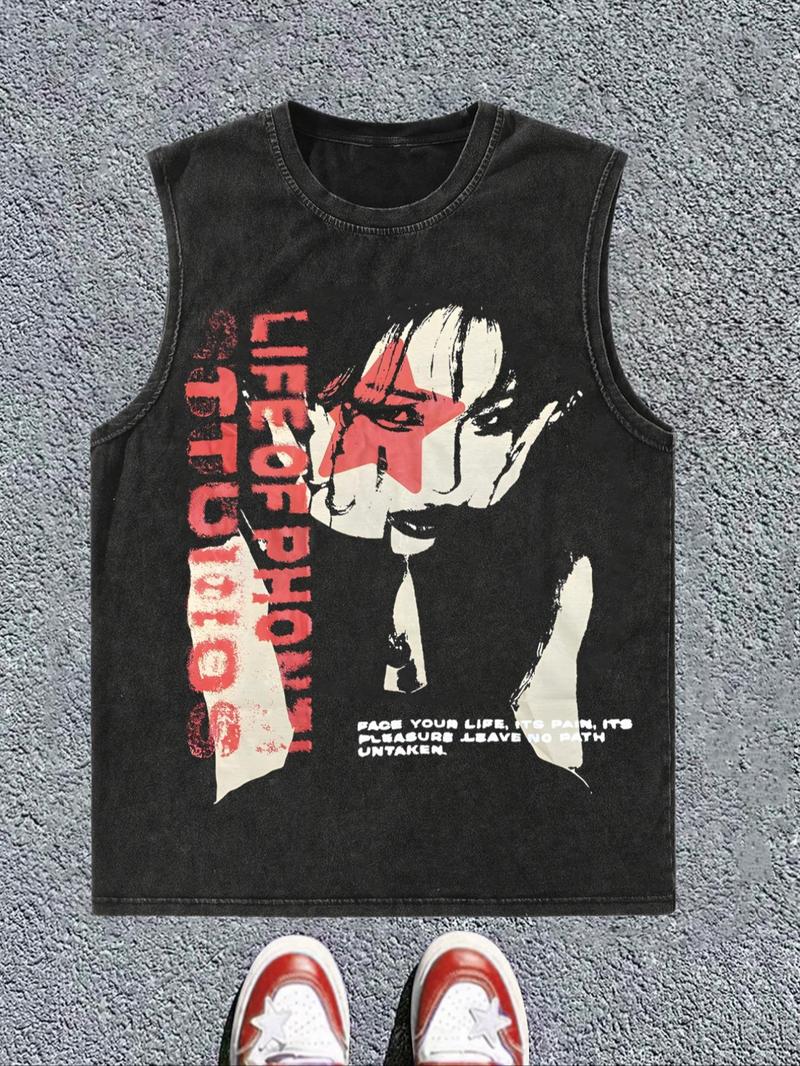 Men's Cartoon Print Tank Top, Regular Fit Casual Fashion Sleeveless Vest Top for Summer, Men's Clothes for Daily Wear, Clothing, Cotton Summer Tank Tops, Breathable Tank Tops