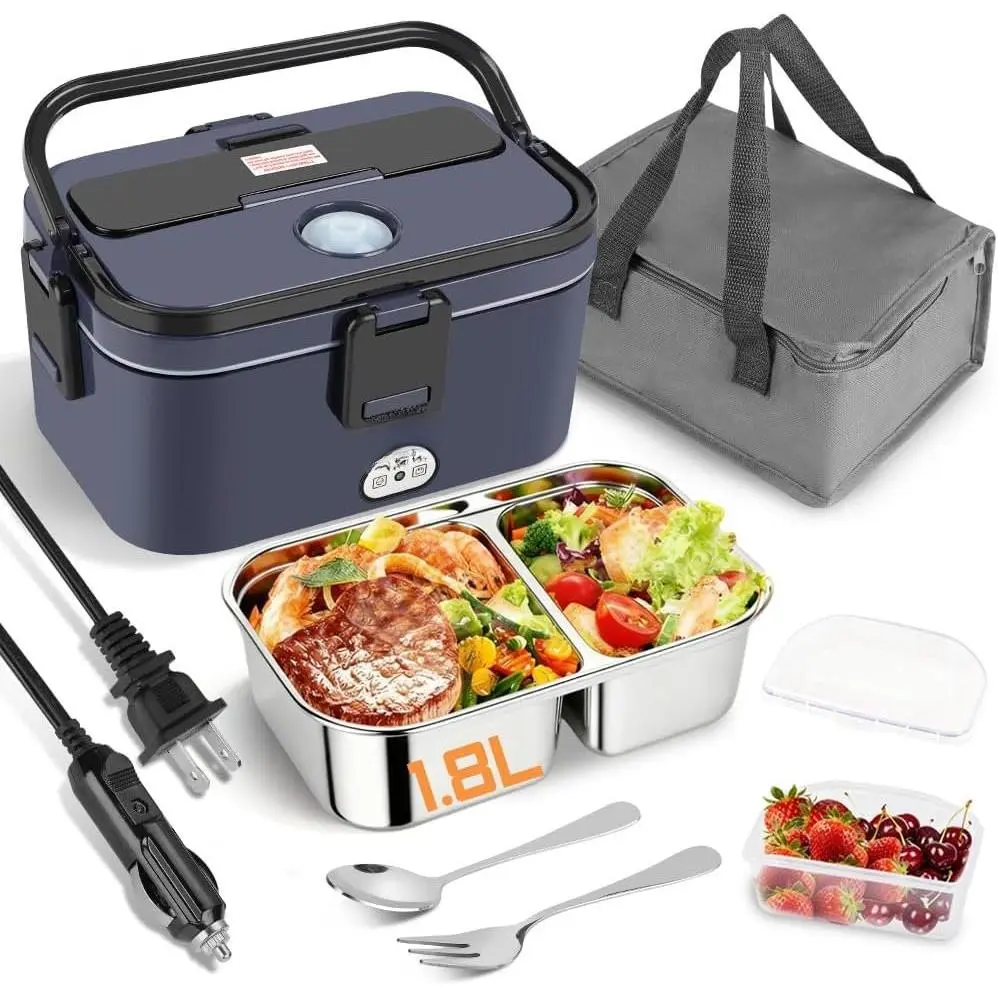 Electric Lunch Box 80W for Adults, 1.8L Lunch Warmer with 2 Compartments for //Work,  Portable Heated Lunch Box  Warmer Heater 12/24/110V, Lonchera Eléctrica Portátil