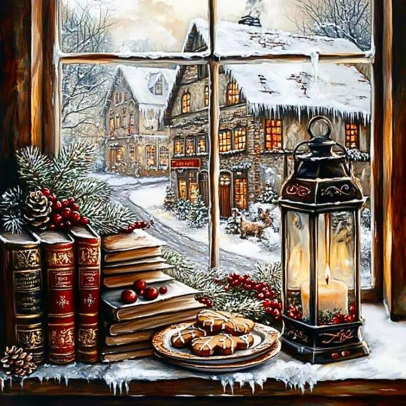 5D DIY Diamond Painting Kits for Adults Beginners, Full Drill Cozy Winter Window Gem Art Sets, Candle Lantern Books Snowy Village Cookies Pinecones Rhinestone Canvas Craft Kits, Christmas Holiday Home Living Room Wall Decor Painting Gifts