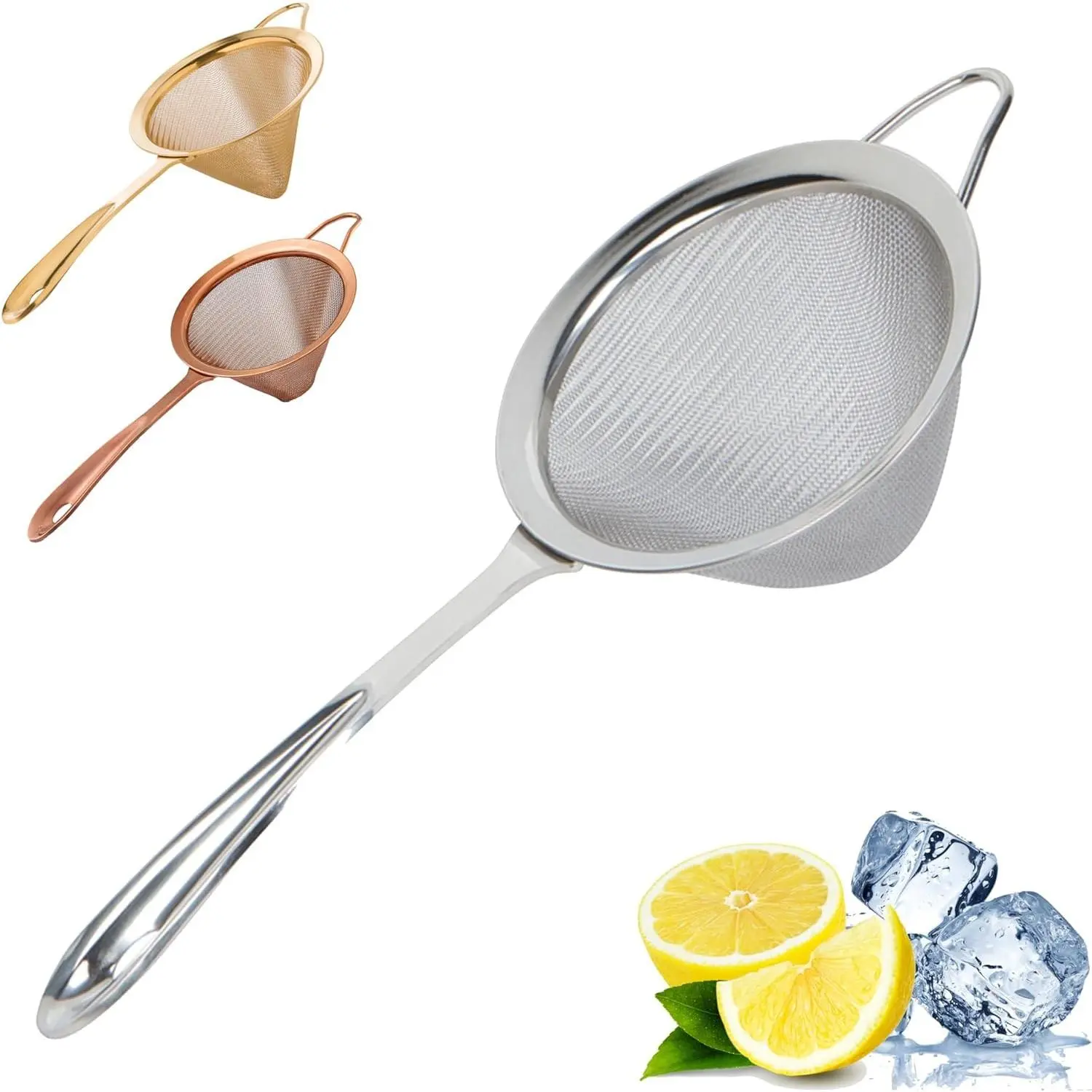 Sturdy 304 Stainless Steel Fine Mesh Cocktail Strainer, Silver Conical Sieve Utensils with Ergonomic Handle, Rustproof Hanging Bar Tool for Double Straining Tea, Culinary Prep, Home Kitchen Use