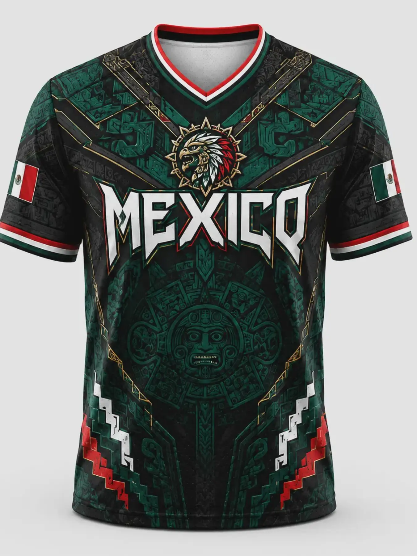 Men's Mexico Jersey 2026, V-Neck Short Sleeve Soccer Fan Shirt, Aztec Calendar Eagle Warrior Design, Casual Fitted Football Tee, Casual Sporty Top, Fan Sportswear Top