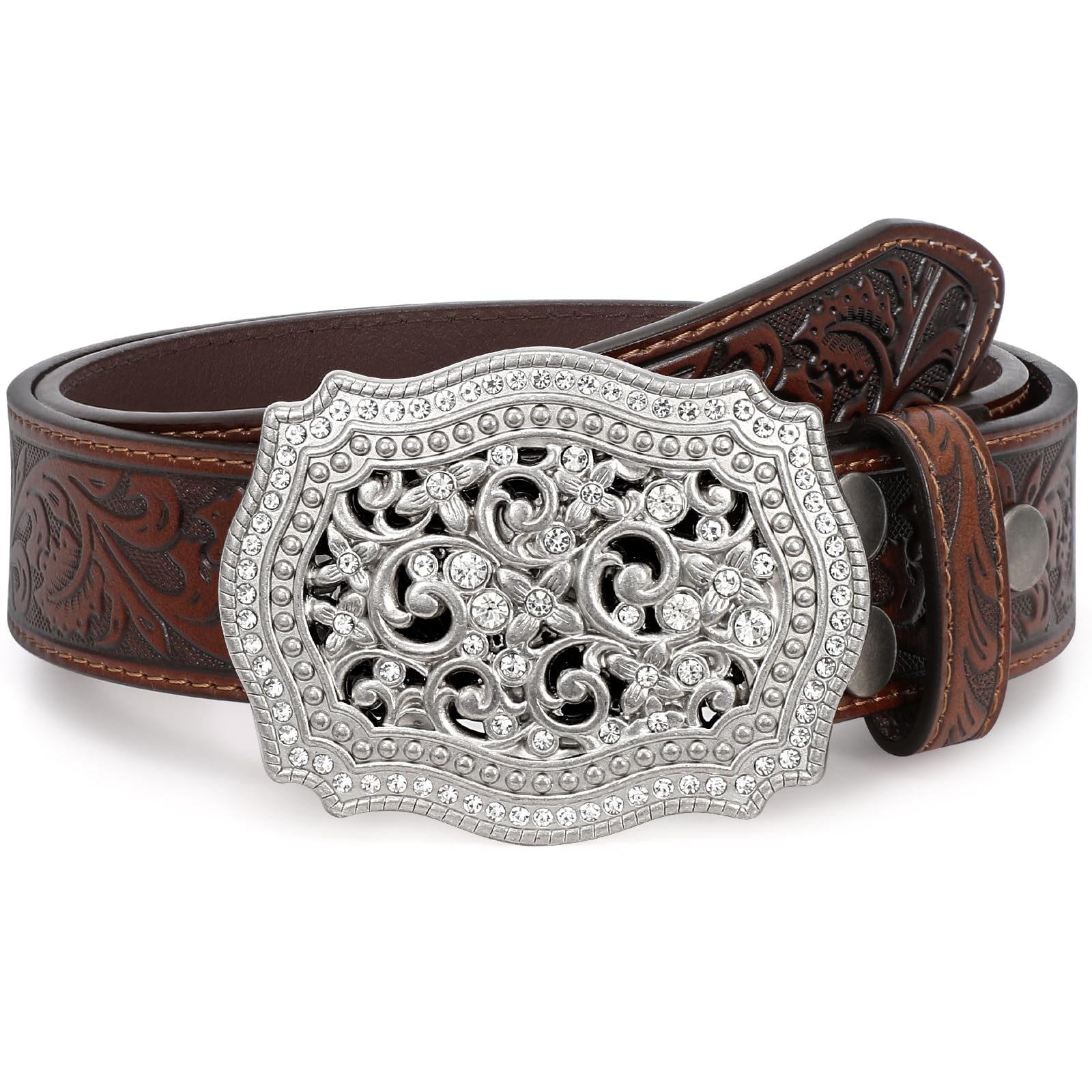 XZQTIVE Unisex Western Genuine Leather Belt - Floral Engraved Tooled Strap with Embossed Scrollwork Buckle, Perfect for Cowgirls & Cowboys SpringStatements