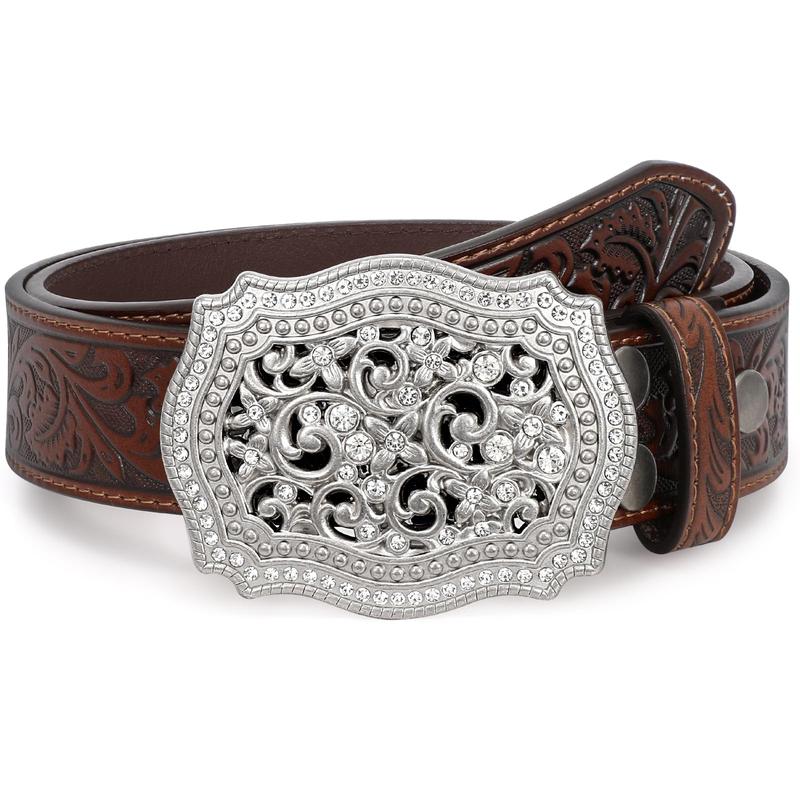 XZQTIVE Unisex Western Genuine Leather Belt - Floral Engraved Tooled Strap with Embossed Scrollwork Buckle, Perfect for Cowgirls & Cowboys