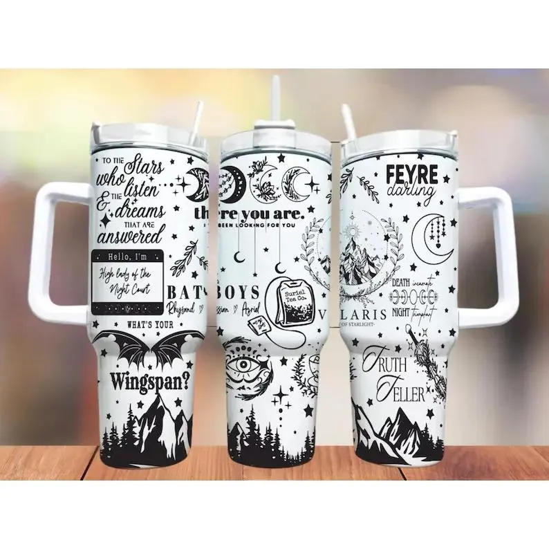 ACOTAR Book Quote 40oz Handle Tumbler, Velaris Night Court Bookish Travel Cup for Fantasy Readers