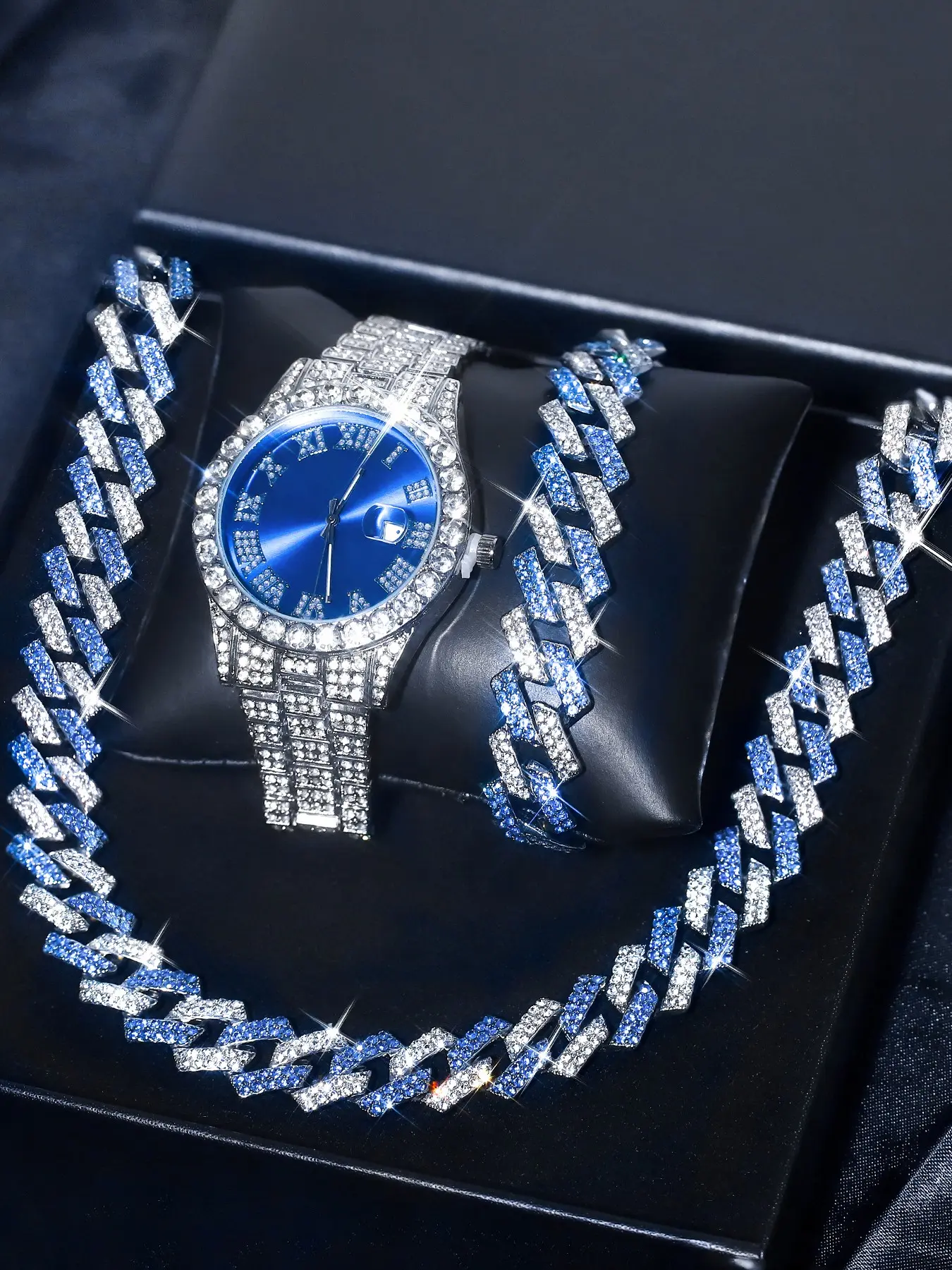 Men's Fashion Water Diamond Watch Set, 3-Piece Gift Box, Casual Round Analog Watch, Chain Pattern, All Seasons Accessory