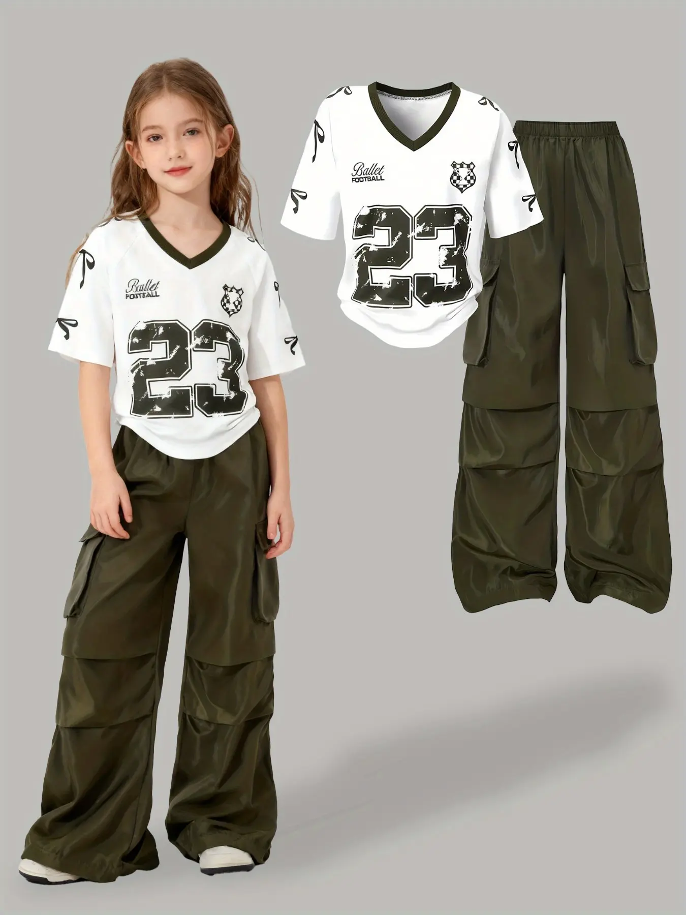 American Street Style V-Neck Short Sleeve T-Shirt and Cargo Pants Set, Girls' Casual Fashion, Soft Comfortable Fabric, Ideal for Indoor Outdoor Activities