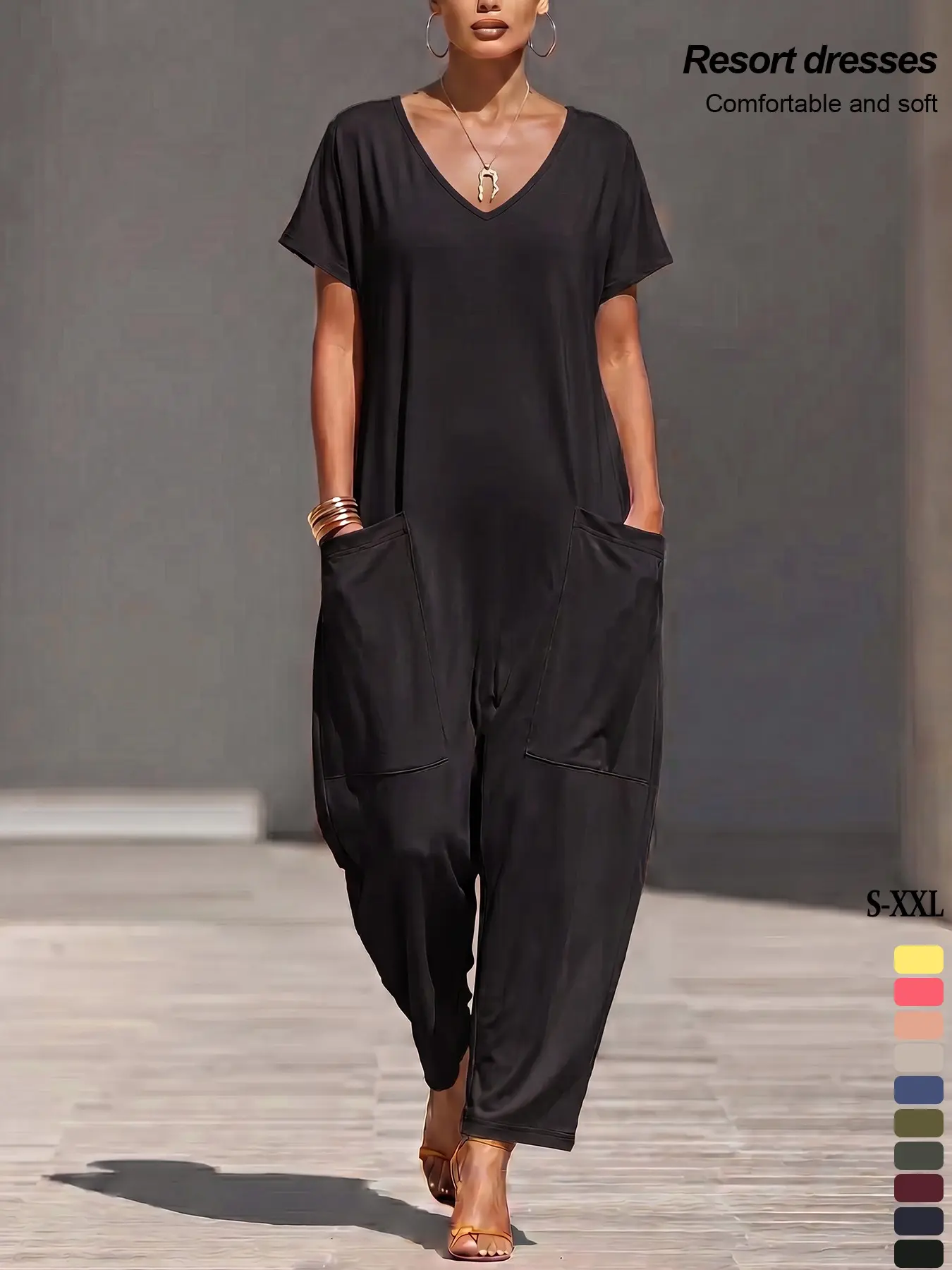 2026 Women's Loose Fit Jumpsuit with Pockets, Solid Color, Short Sleeve, Long Pants, Casual Style, All Seasons, Comfortable for Travel and Home