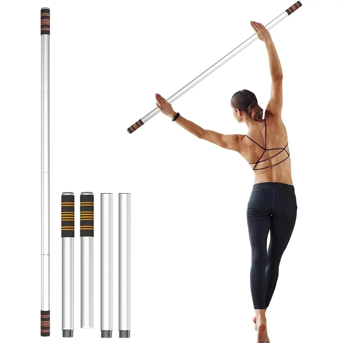 5ft Yoga Stick Adjustable Stretching Bar for Mobility &  | Heavy-Duty Steel Multi-Functional Fitness Pole with 4 Steel Rods & Comfort  Grips