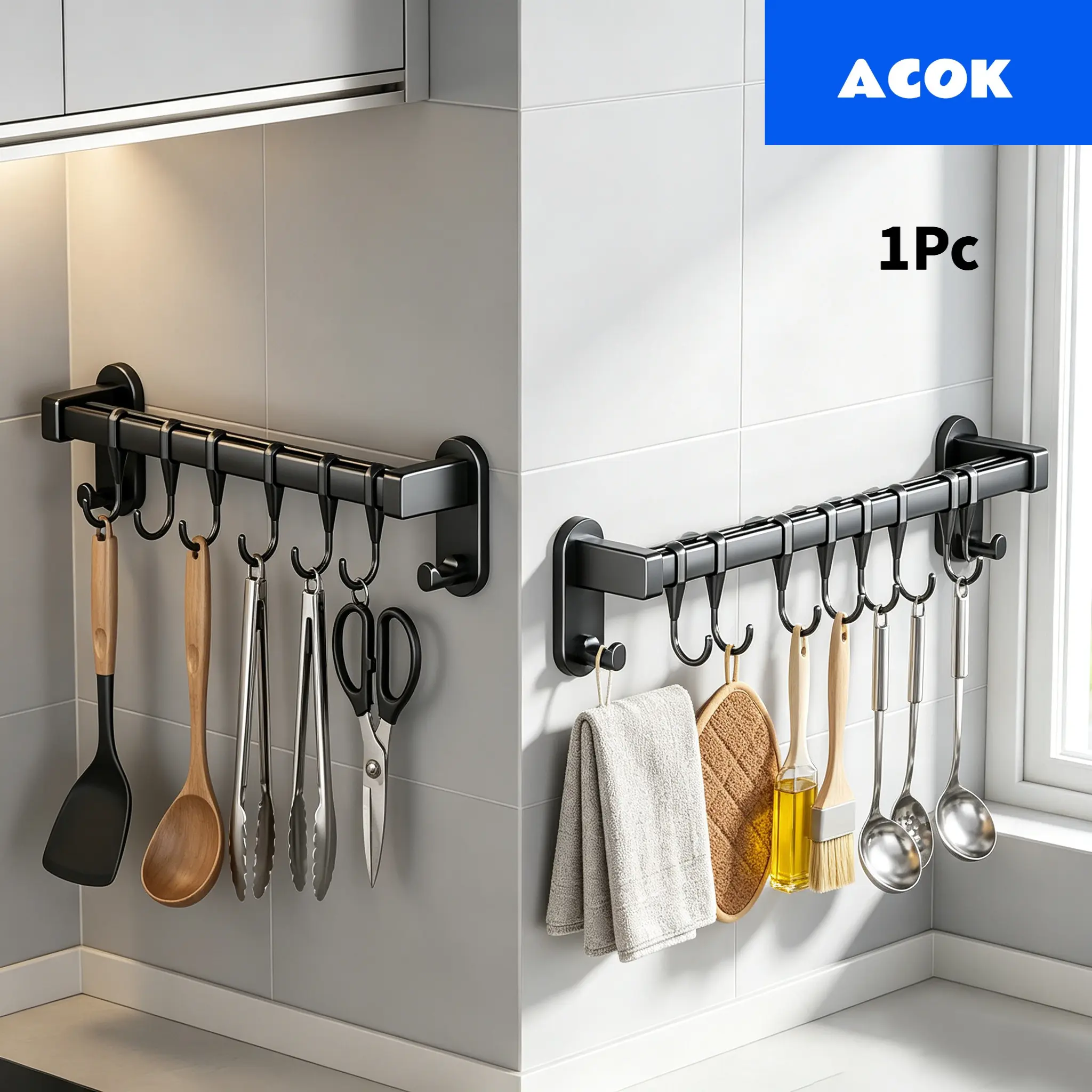 No Drill Movable Kitchen Hook Rack, Strong Adhesive Wall Mounted Rail with 6 Sliding Hooks, Utensil & Pot Lid Storage Holder, Towel Hanger for Bathroom