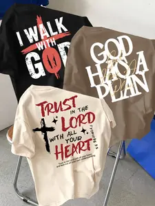 3-Pack Men's Round Neck Short Sleeve T-Shirts, Cross Letter Print, Soft Casual Top, Christian Faith Design, Ideal for Daily Outing