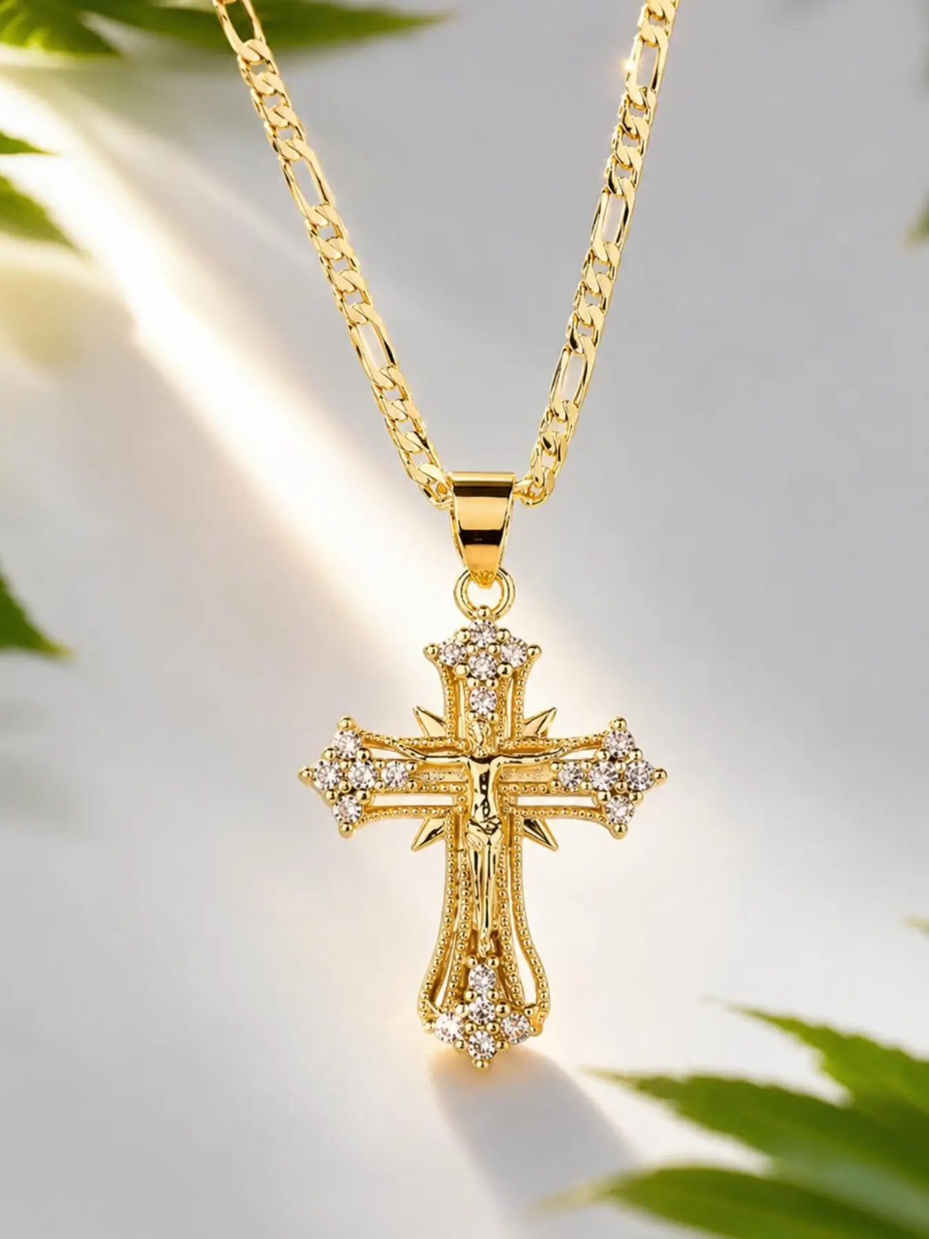 Luxury Gold Tone Jesus Cross Necklace for Women & Men, Sparkling CZ Crucifix Pendant with Figaro Chain, Christian Religious Necklace, Hip Hop Street Style Jewelry, Birthday Christmas Gift