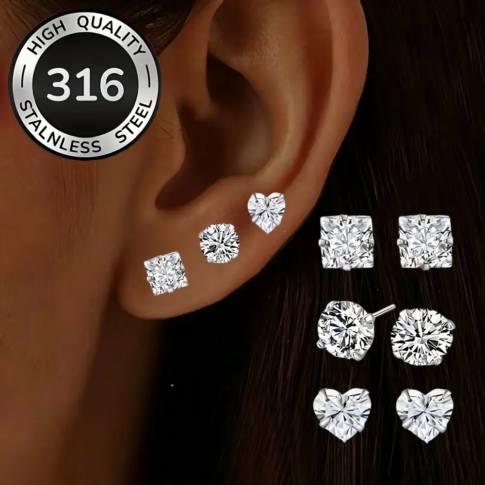 6-piece set, women's fashion stud earrings, featuring heart and square designs inlaid with synthetic cubic zirconia, simple and elegant jewelry, suitable for daily wear special occasions.