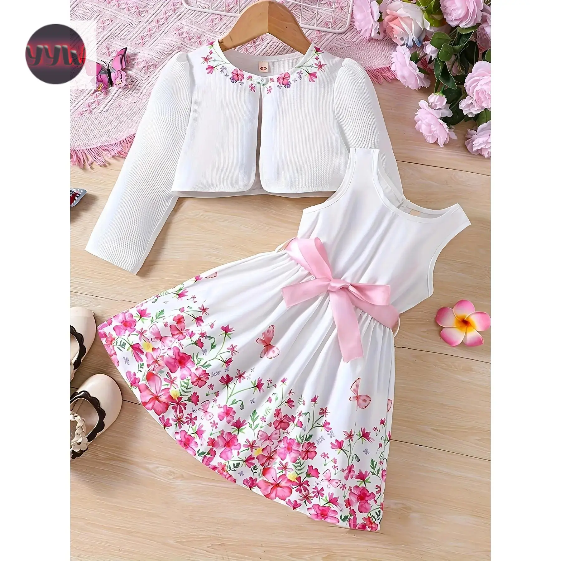 YYW1 2pcs set of girls' elegant and charming floral print sleeveless round neck dress with belt + floral print solid color jacket suit, as a gift holiday parties, suitable gatherings/parties/evenings/outdoors/casual/daily wear, perfect
