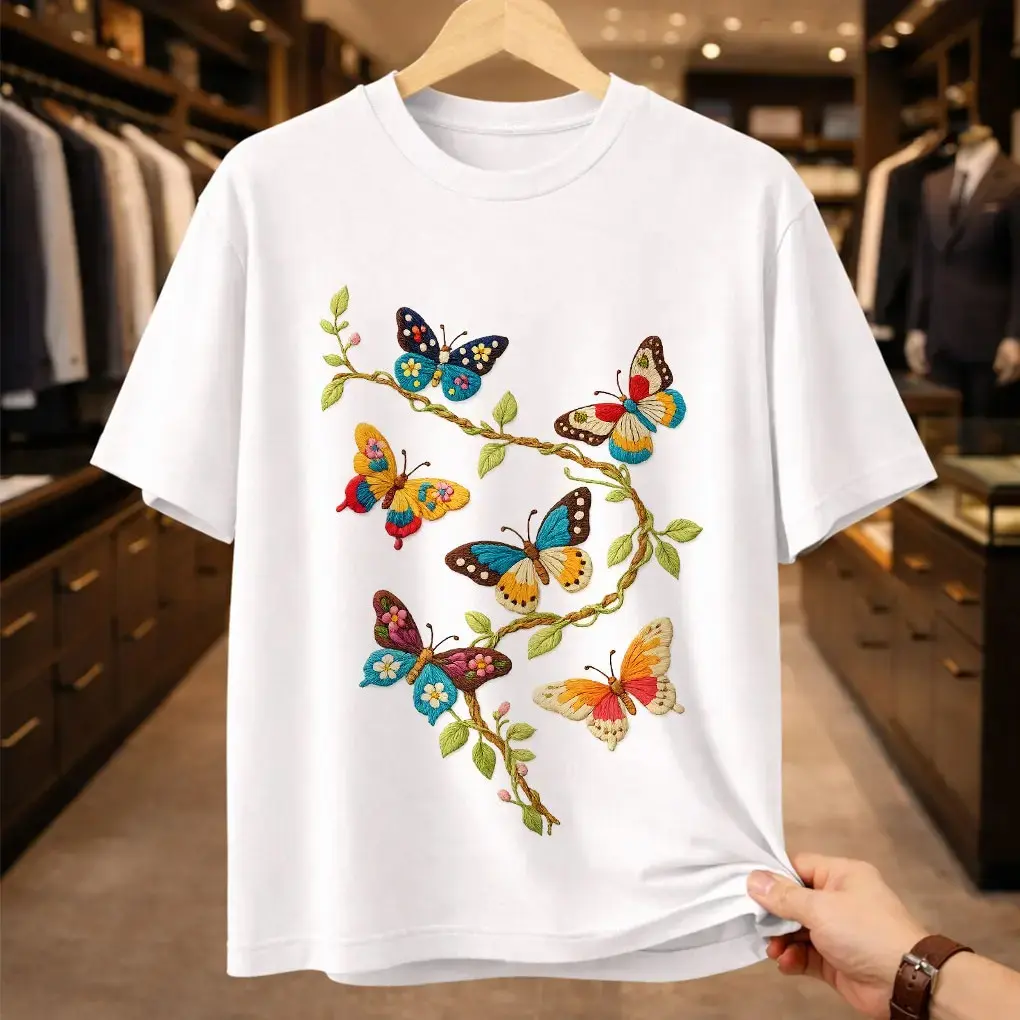 Vintage Butterfly Embroidered Graphic T-Shirt |   Boho Floral Butterfly Tee |   Cottagecore Aesthetic Nature Shirt