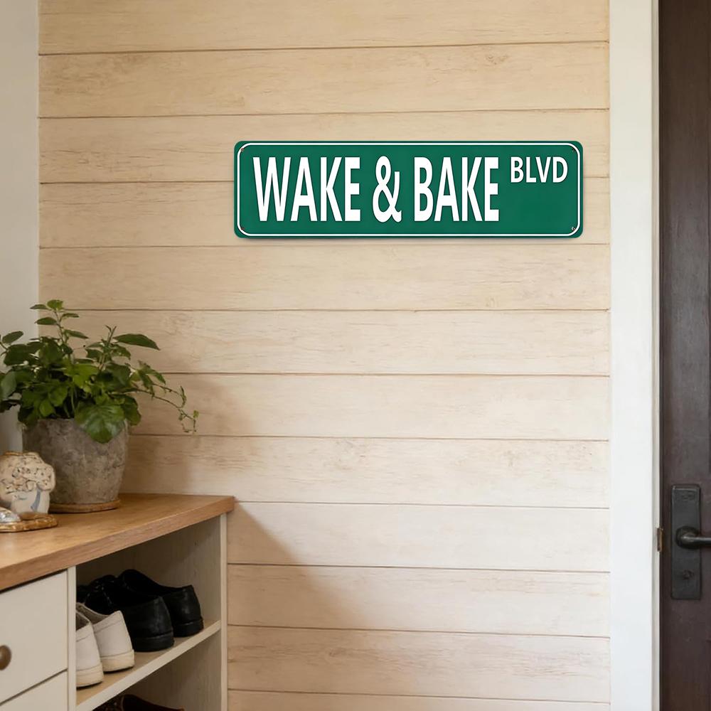 Wake & Bake BLVD Street Sign 16x4 Inch Aluminum Metal Sign - Funny Stoner Wall Decor for Kitchen, Dorm Room, Man Cave, Smoke Shop - Retro Tin Sign Gift for Cannabis Enthusiasts & Stoner Culture Fans