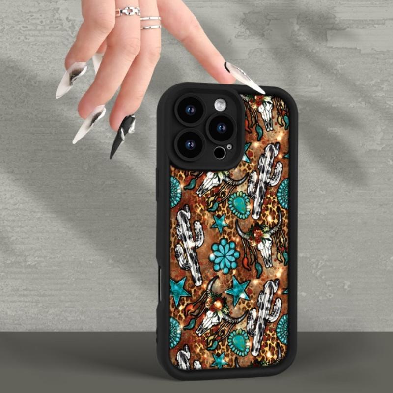 Western Cow Bone And Cactus Pattern Case for iPhone 16 15 14 Pro Max 13 12 11 XR XS E Plus Shockproof Non Slip Military-Grade Protection Silicone Cover