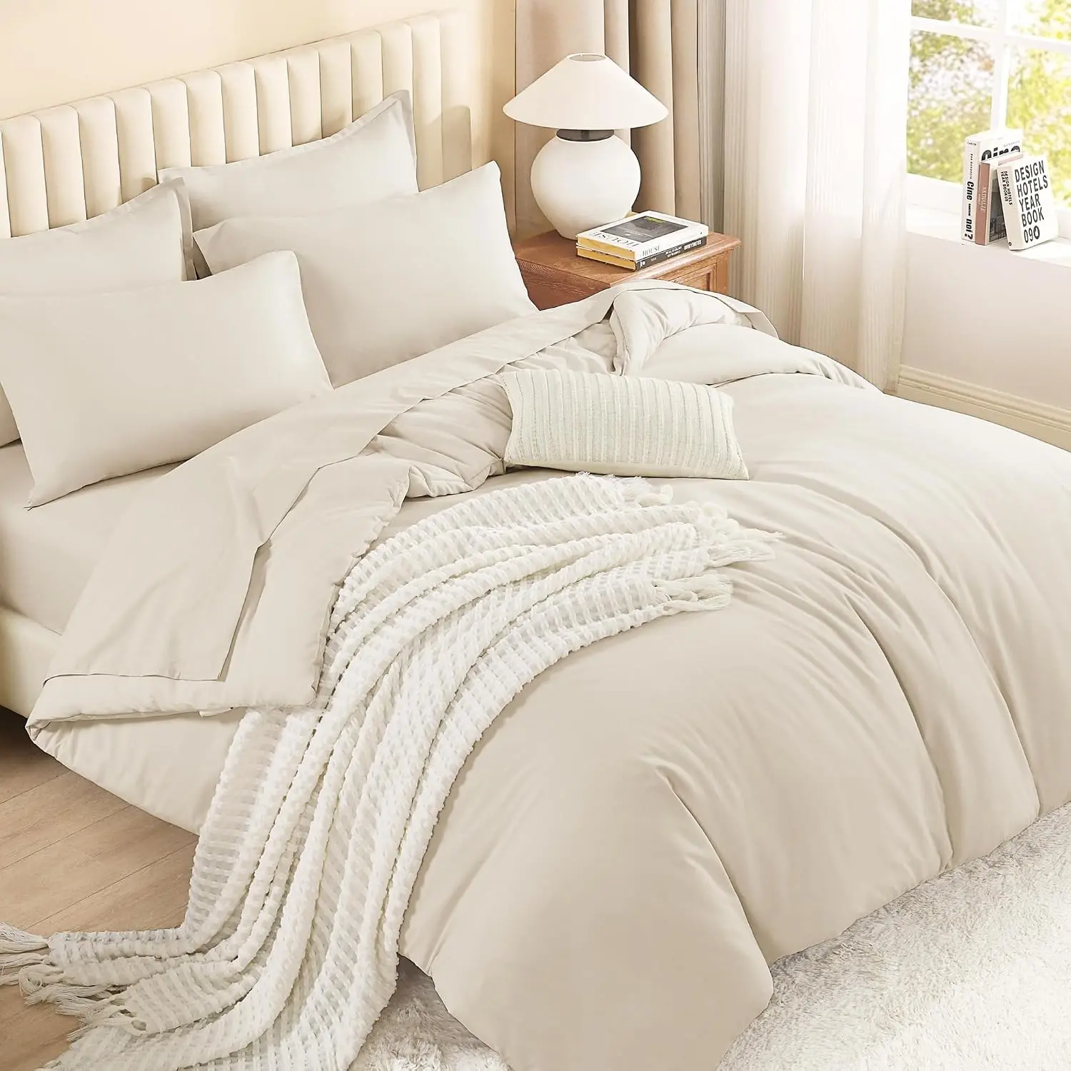 Beige Bed in a Bag Full - 7 Pieces Full Size Comforter Sets Bedding Comforter Sets, Solid Fluffy Bed Set with Comforter, Sheets, Pillowcases & Shams
