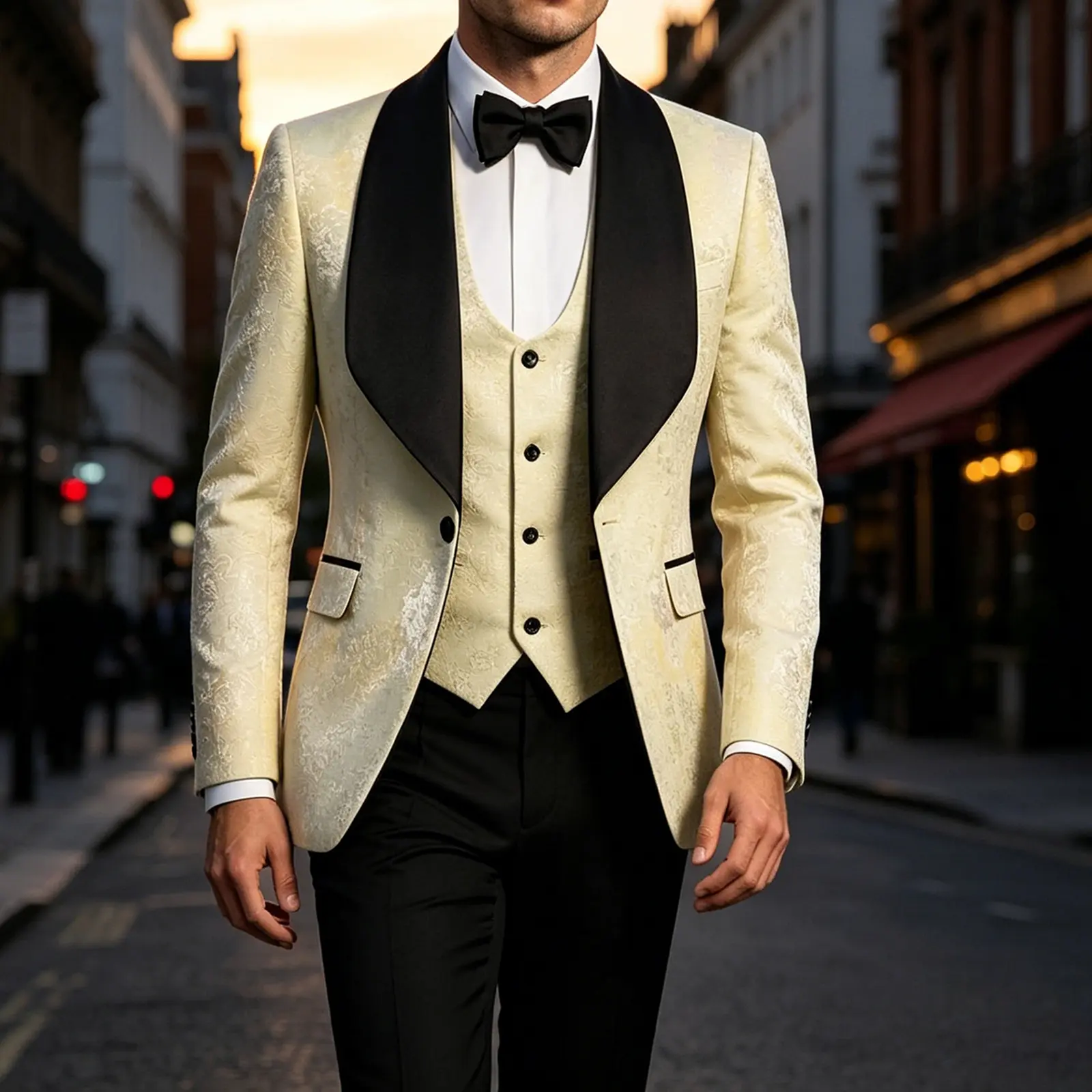 Men's 3-Piece Formal Wear Suit - Cream Jacquard Blazer, Matching Vest, Black Trousers, Black Satin Shawl Lapel, Vintage Long Sleeve Menswear for Wedding, Prom, Classic, Smooth, Elegant, Floral, Fabric