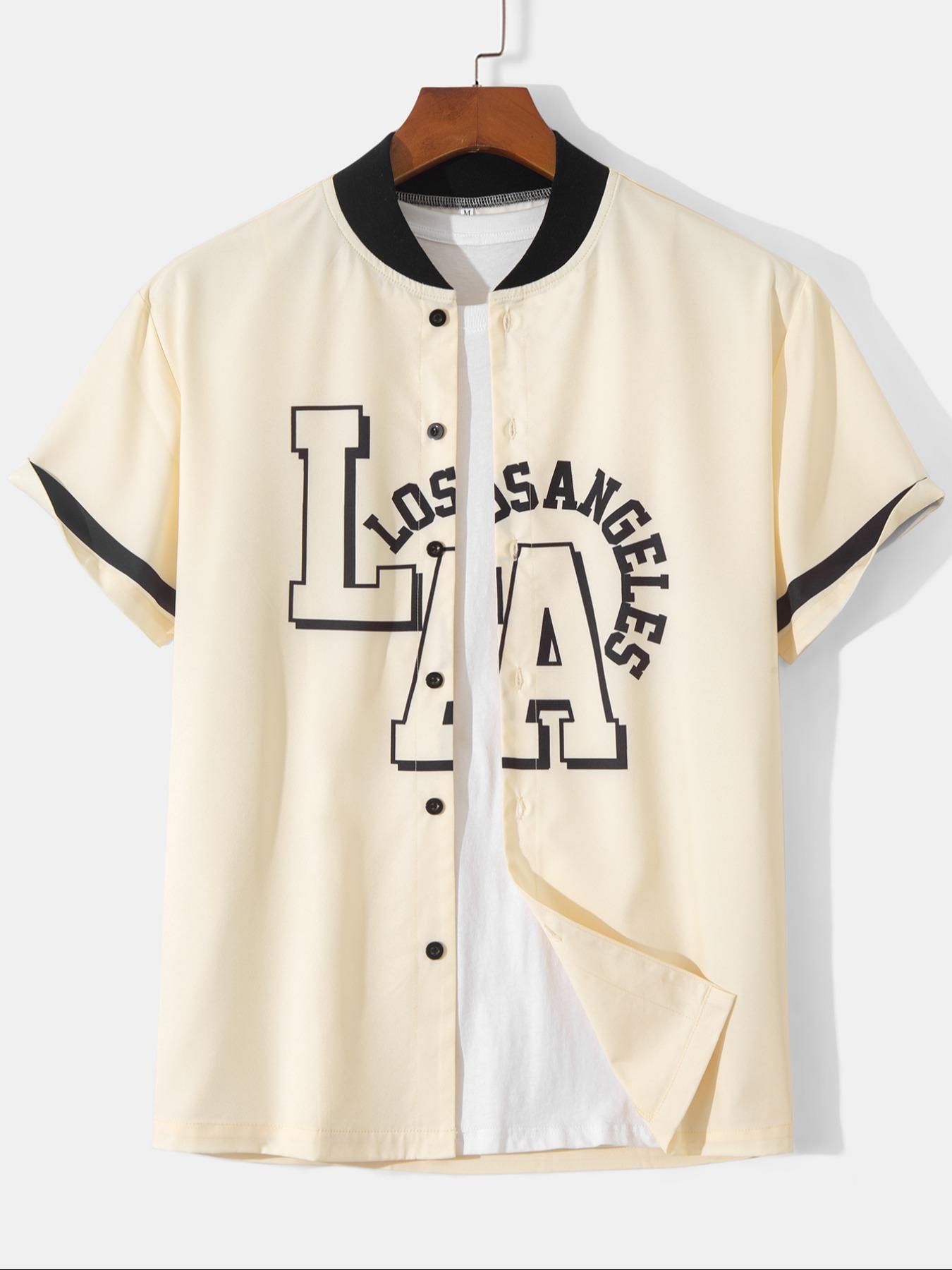 Men's Letter Print Baseball Collar Shirt, Regular Fit Casual Short Sleeve Top for Summer, Men's Clothes for Daily Wear, Menswear, Sports Top, Sportswear Clothing, Vintage Basketball Jersey