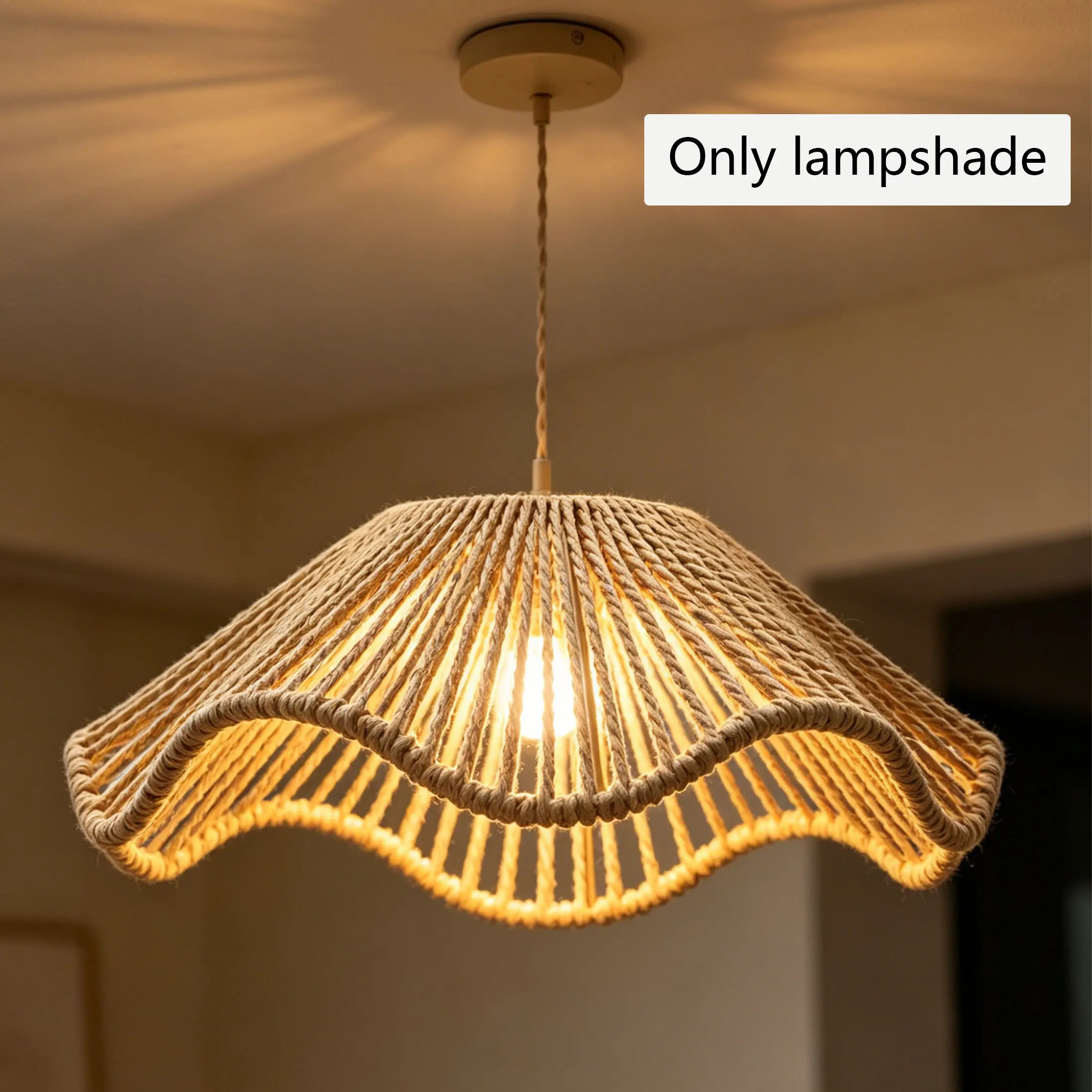 Handmade Wave Paper Lampshade, Bohemian Fringe Paper Rope Pendant Light Cover, Japanese Country Style Home Lighting Replacement Shell