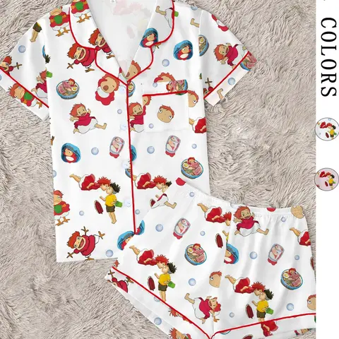 Ultimate Kawaii Anime Inspired Summer Short Sleeve Pajama Set | Cute Cartoon Fish Girl 2-Piece Loungewear Sleepwear for Women Cute Pajama Sets