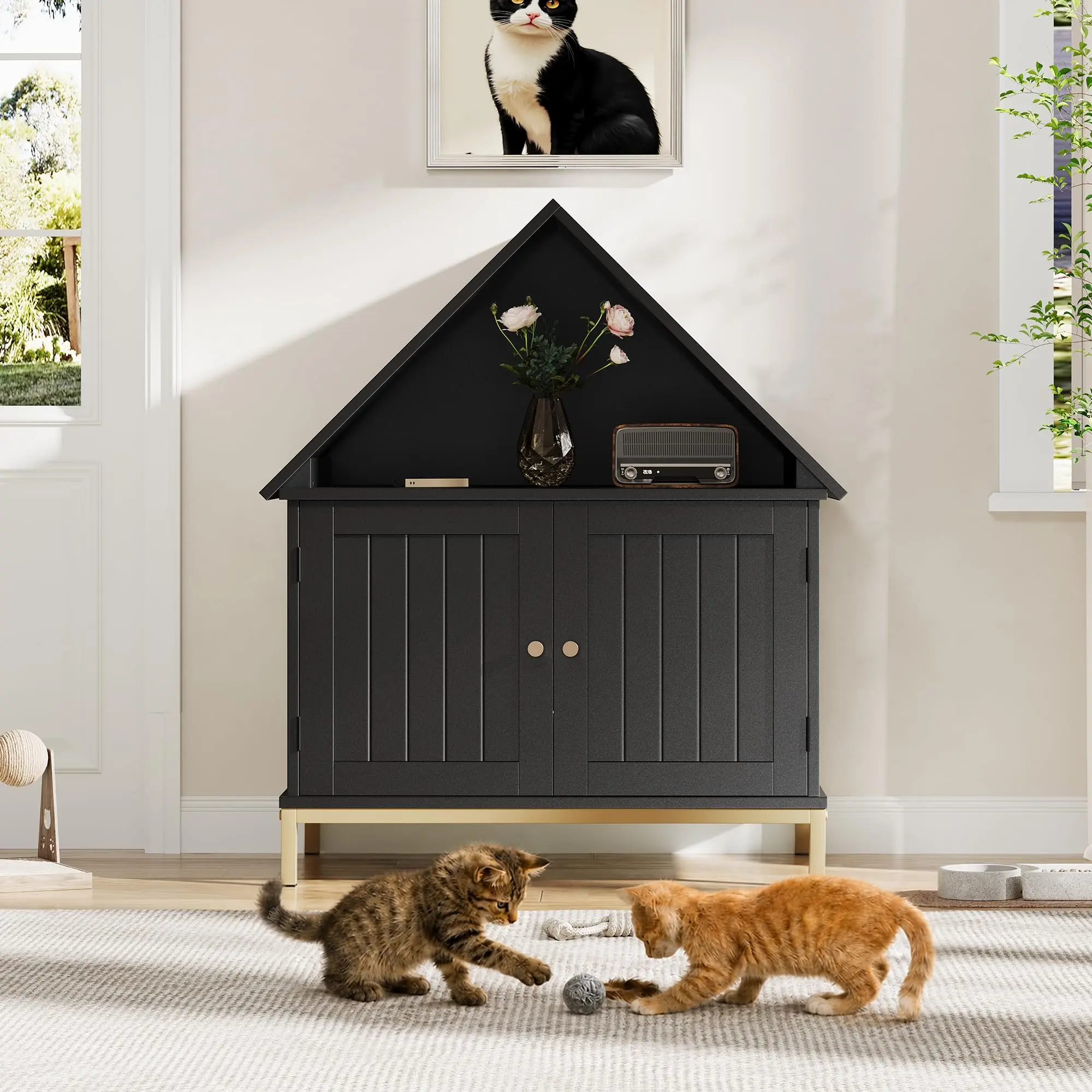Cat Litter Box Cabinet – House Design with Odor-Control Ventilation, Scratch Pad & Litter Trap – End Table for Modern Homes