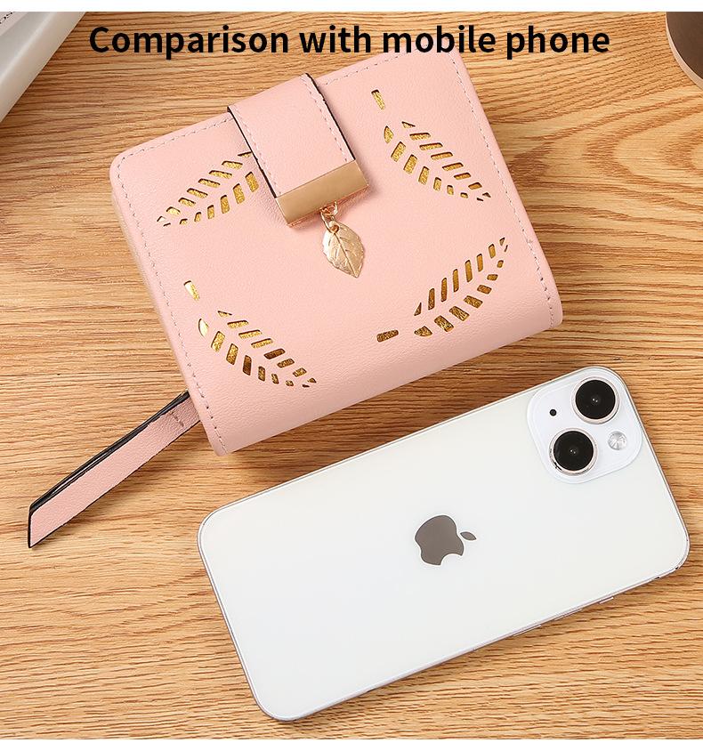 Leaf Short Wallet for Women Korean Style Hollowed Out Fashion Trend Change Zipper Card Bag PUCortical Embossed Leather Daily Matching