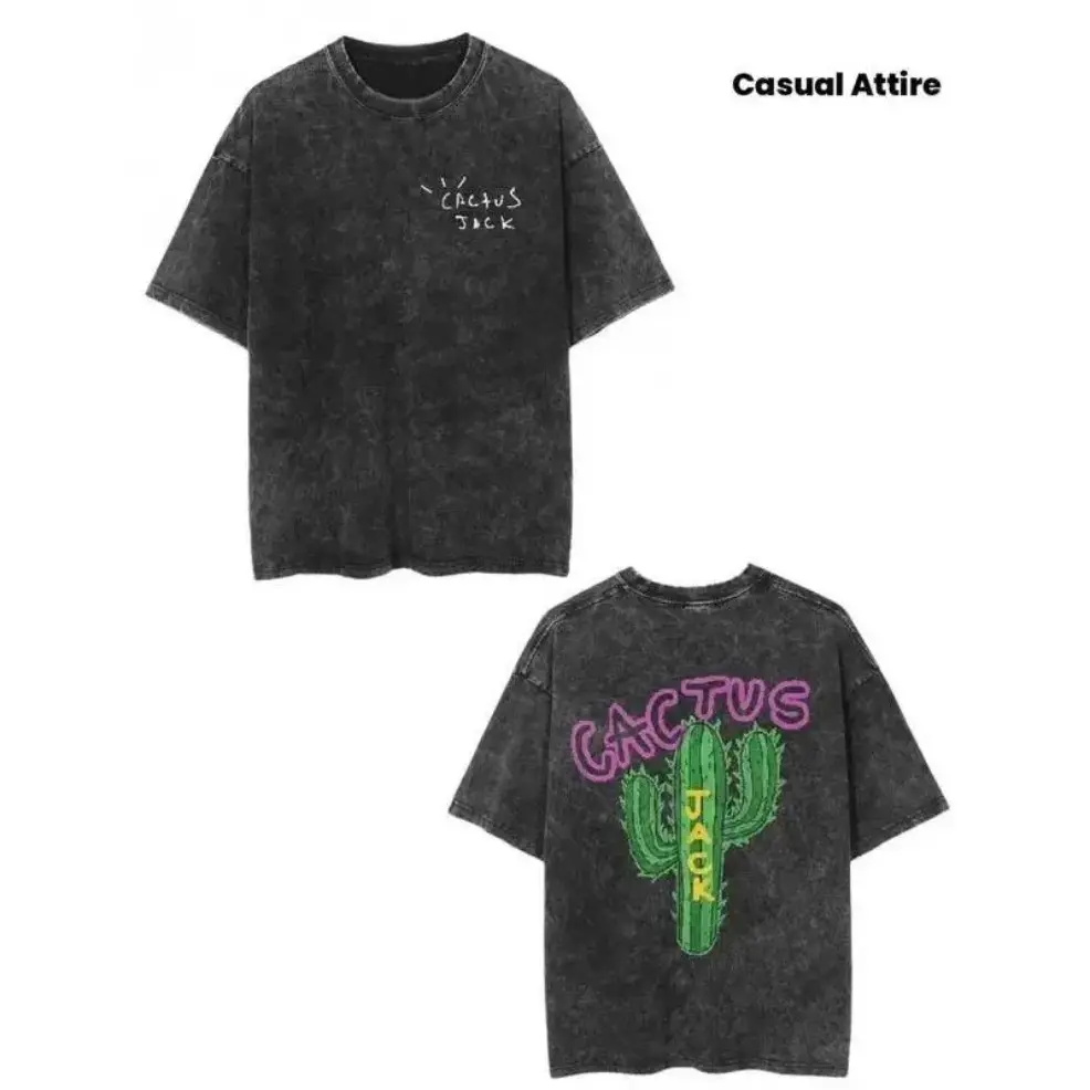 Men's Oversized 100% Cotton Vintage Washed Black T-Shirt, Cactus Jack Logo & "Look Mom I Can Fly" Graphic Tee, Unisex Casual Round Neck Short Sleeve Vintage Streetwear Top, Ideal For Concerts, Halloween & Christmas Holiday Daily Mens Casual Outfit