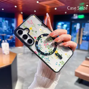 Phone Case - Colorful Wildflower Meadow with Delicate Leaves And Blooms Black Border Magnetic Phone Case, Anti-Yellowing, Slim Lightweight & Bare Feel, Luxury Premium Design for Samsung Galaxy S22 S23Fe S24 S25 Plus Ultra