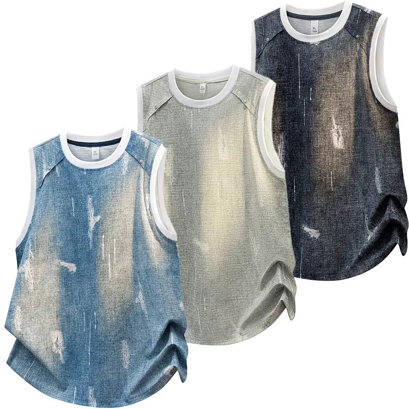 Men's Vintage Wash Sleeveless Tank Top - Baggy Menswear Polyester Streetwear with Contrast Raglan Cut, Breathable Medium-Length for Casual Summer, Machine Washable, Valentine's Day, Size M