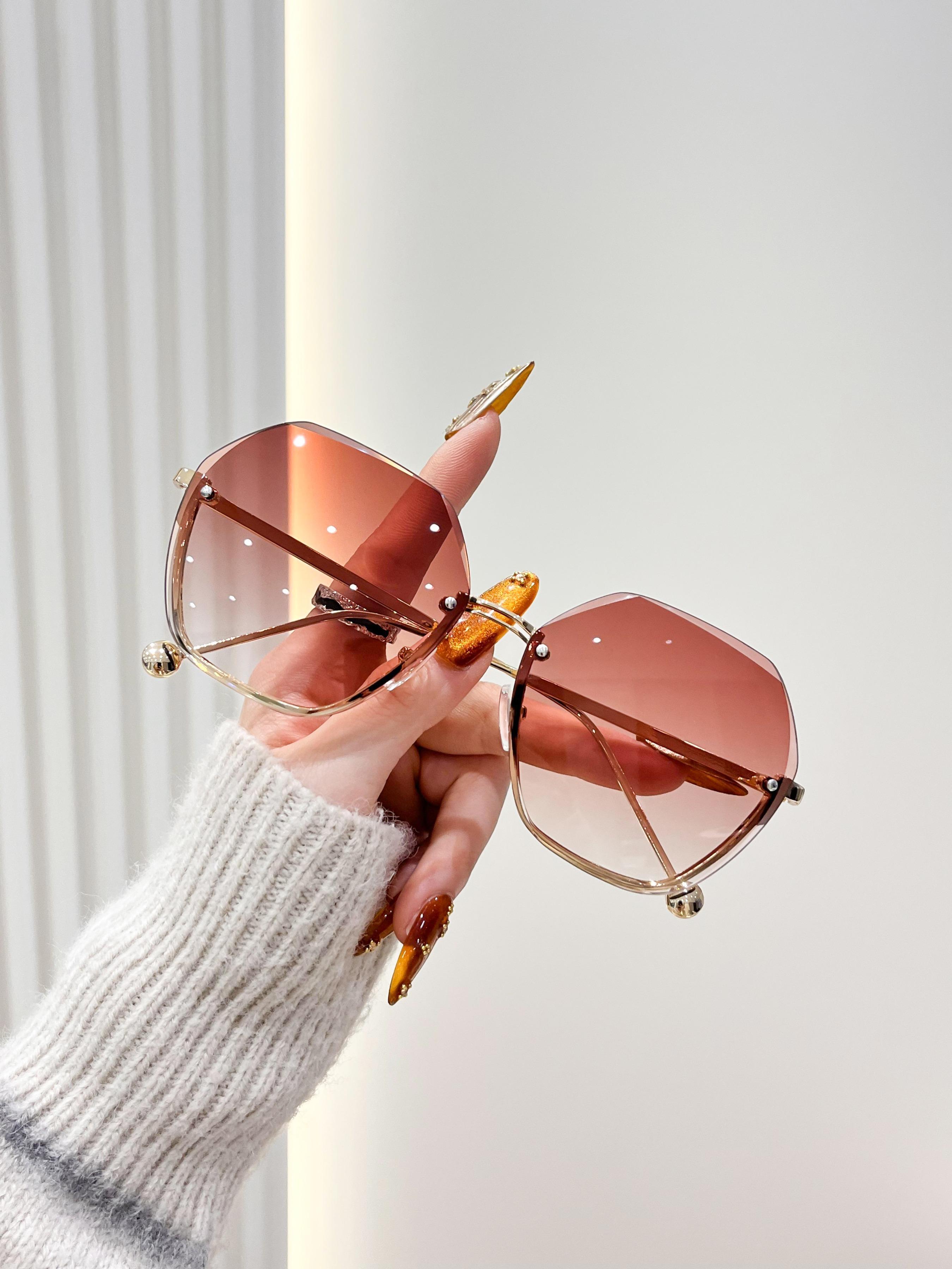 Elegant Gold Gradient Frameless Sunglasses for Women, Hexagonal Large Metal Arms, UV Protection Multi-Color Shades Ideal for Party, Daily Wear, Travel & Holiday Gifting