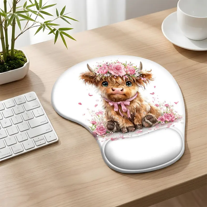 Flower Crown Highland Cow Ergonomic Mouse Pad with Wrist Support, Soft Memory Foam Non Slip Gel Wrist Rest Mouse Mat, Soft Pink Rose Calf Comfort Mousepad for Office Desk Reading Corner Workstation, Perfect Gift for Family Friends Coworkers Computer Mat