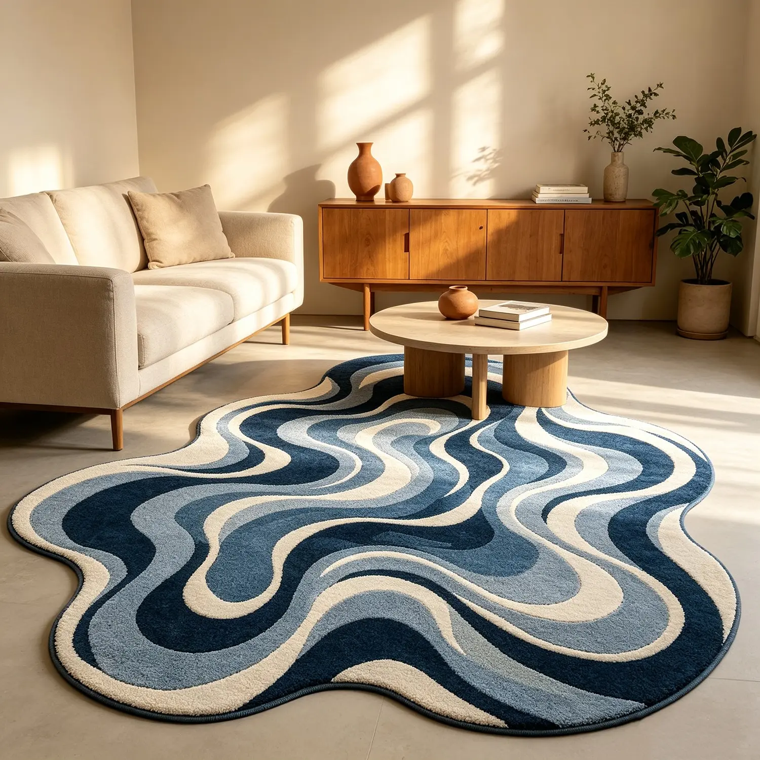 Artistic Flow Curve Rug, Decorative Area Rug, Modern Nordic Style, Hand Washable, Blue Color, Perfect for Living Room, Bedroom, Office, Holiday Gift