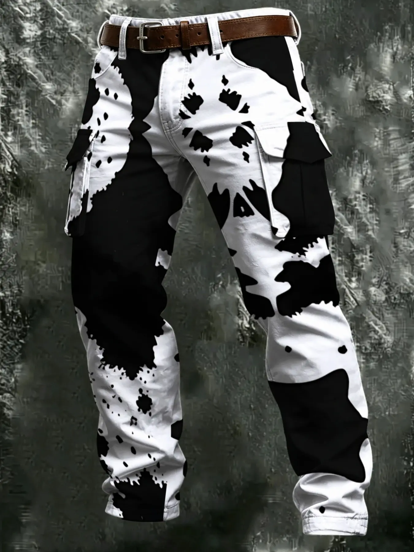 Men's Cow Print Work Pants, Multi-Pocket Straight Leg Casual Trousers, High Street Style, Ankle Length, Button Fly