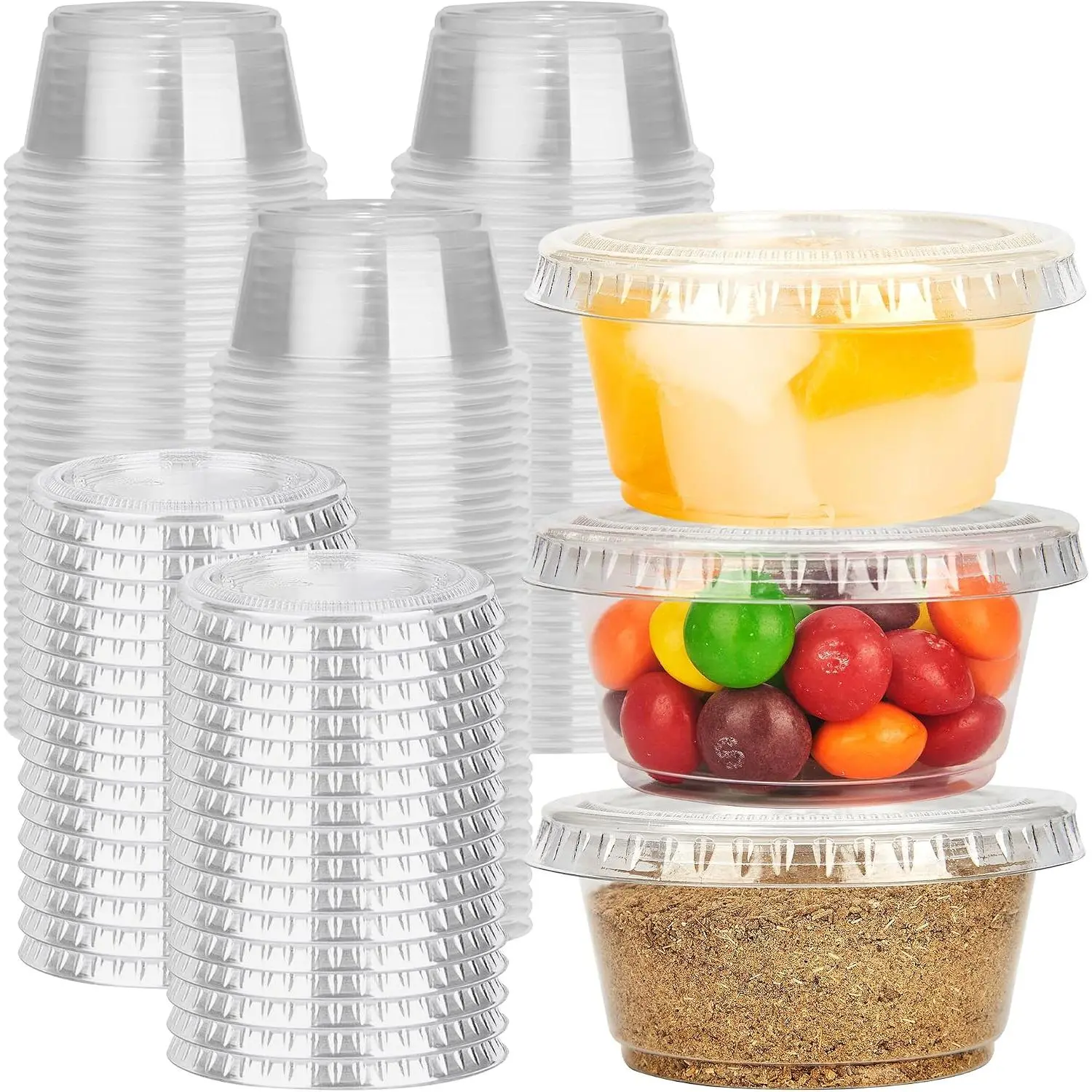 100 Sets - 2 oz Jello Shot Cups with Lids, Portion Cups, Clear Disposable Plastic Jello Shot Cups for Meal Prep, Salad Dressing, Soufflé, Portion Containers