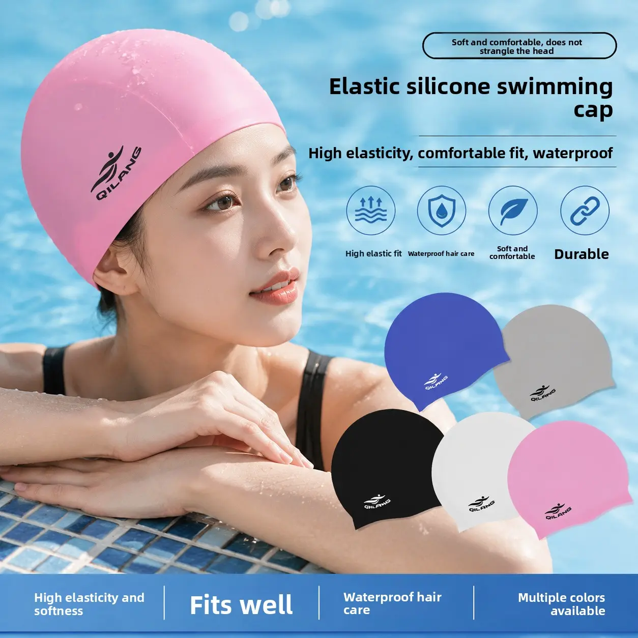 Silicone swimming cap Unisex adult diving cap Black waterproof and durable outdoor swimming equipment UV resistant