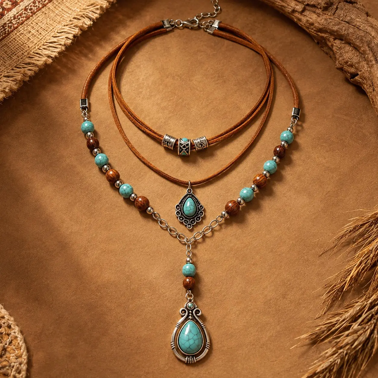 Women's 2-Piece Boho Western Jewelry Set - Alloy Metal Double Layer Turquoise-Color Beaded Double Cord Choker, Long Pendant Statement Costume Jewelry for Female Everyday Wear