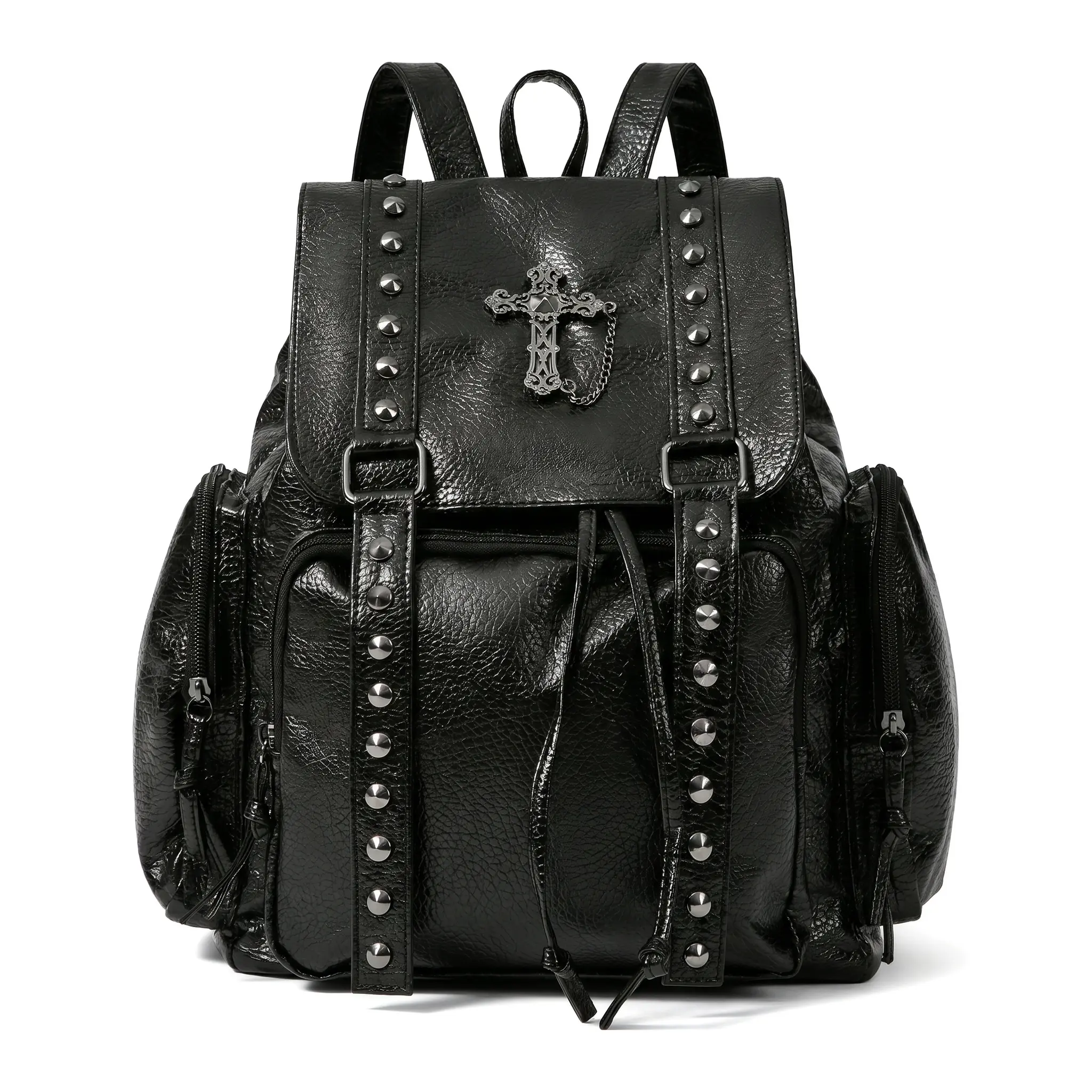 Women's Washed Lychee PU Leather Rivet Modern Multi-Function Backpack, Large Capacity Plain Casual Zip Backpack with Motorcycle Style for Daily Use