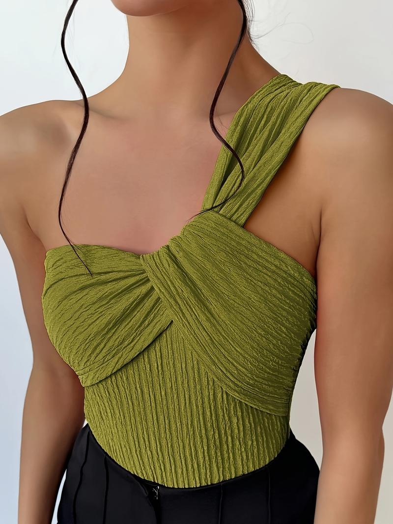 Elegance One Shoulder Twist Front Blouse, Lime Green - Sleeveless, Ribbed Knit, Women's Slim Fit Design - Ideal for Holidays and Parties, Machine Washable