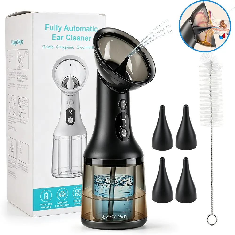 Electric Ear Cleaner Ear Wax Removal Device with 4 Modes, Automatic Ear Cleaning Irrigator with Dual Pump Water Return System, Safe Ear Irrigation Flushing Kit for Ear Care, Replaceable Nozzles,