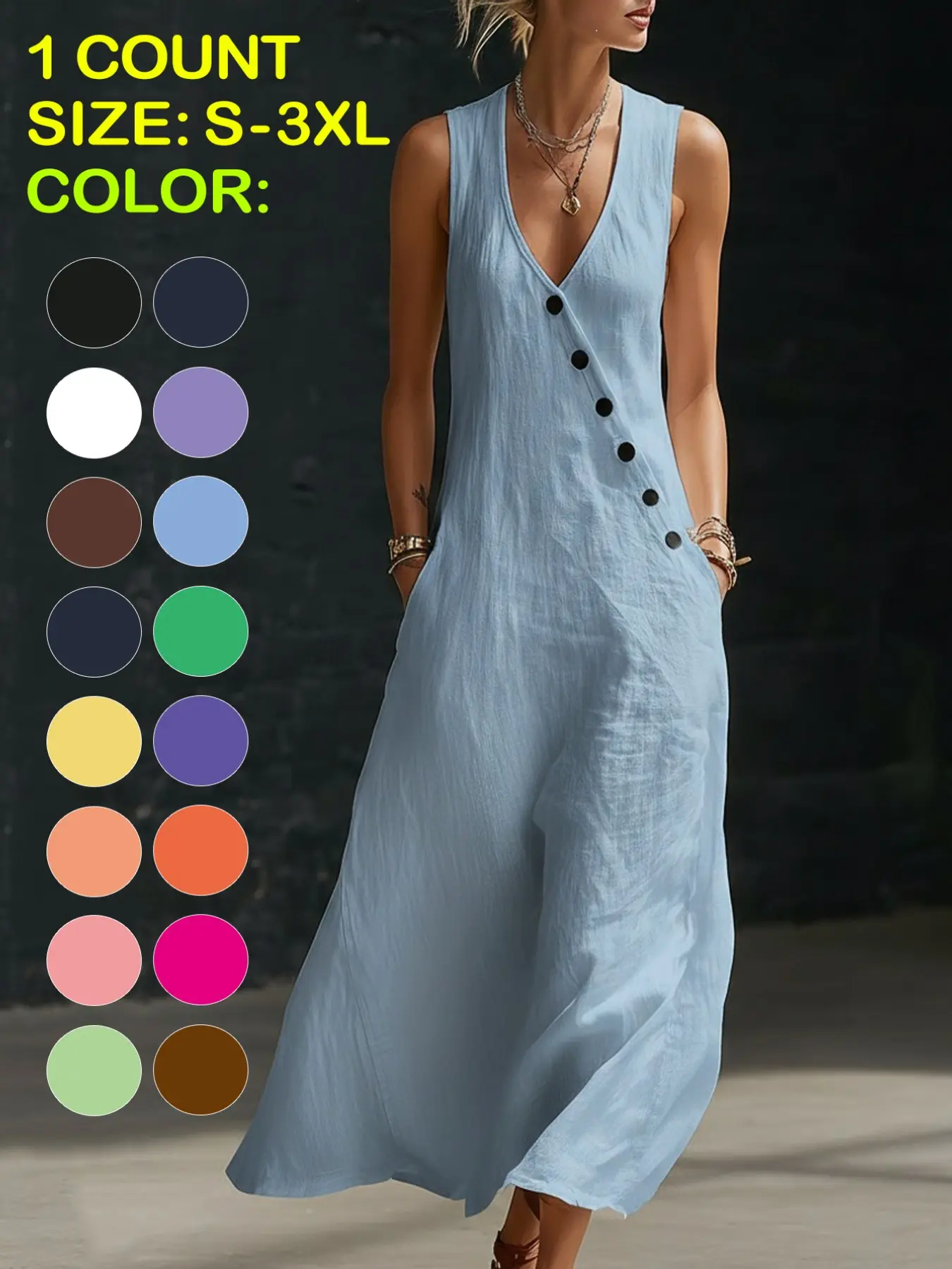 2026 Spring Summer Tiktok Cross-Border Lazy Style Casual Dress V-Neck Button Cotton Linen Long Dress, Sleeveless Backless Dress for Women