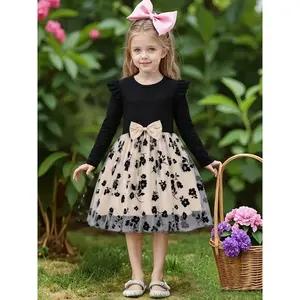Autumn Infant Toddler Girls round Neck Fly Sleeve Splice Flower Print Tulle Casual Dress Baby Girls