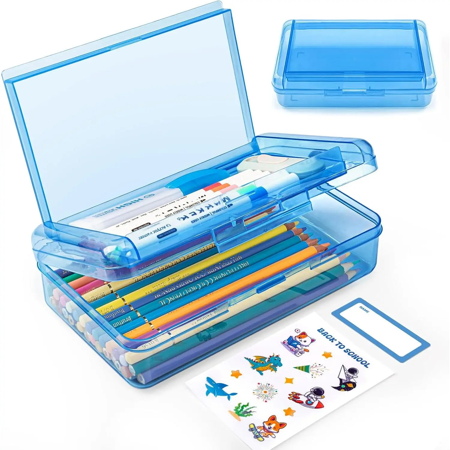 Double Layer Plastic Clear Hard Pencil Cases Box with Personalized stickers | Colored Cute Pen Cases Box for School Office Supplies Marker Crayon Organizer Storage Box,Standard Size,Blue